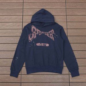 Sp5der Navy Blue & Brown Logo Pullover Hoodie Sweatshirt